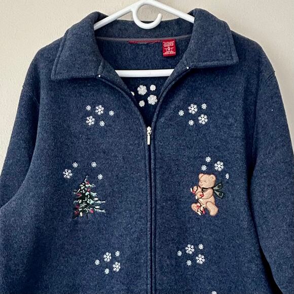 Christmas teddy bear full zip fleece shirt ugly sweater embroidered holiday XL - Picture 2 of 11